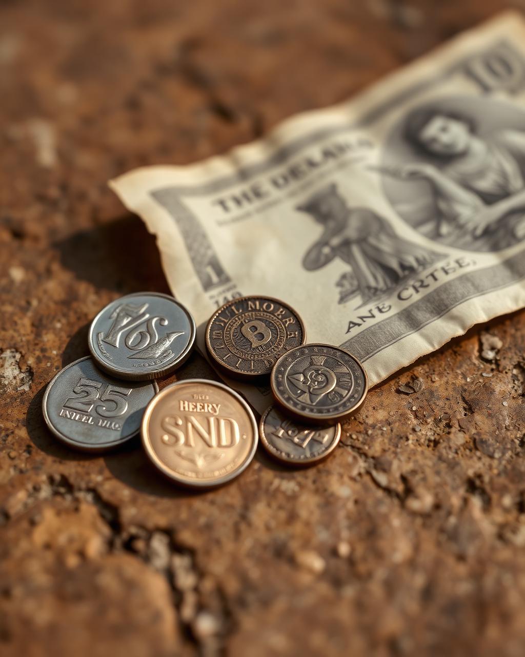 Vintage coins beside an old banknote