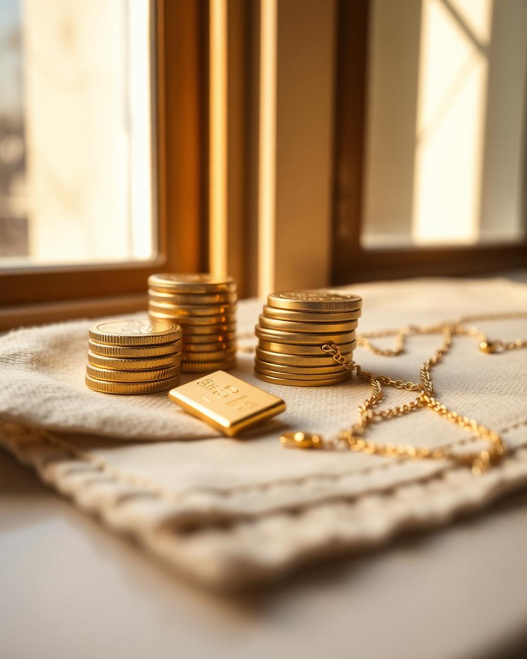 Gold coins, a small bar and a gold chain on linen
