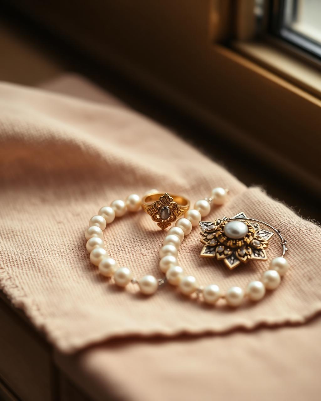 Pearl necklace, gold ring and antique brooch on linen