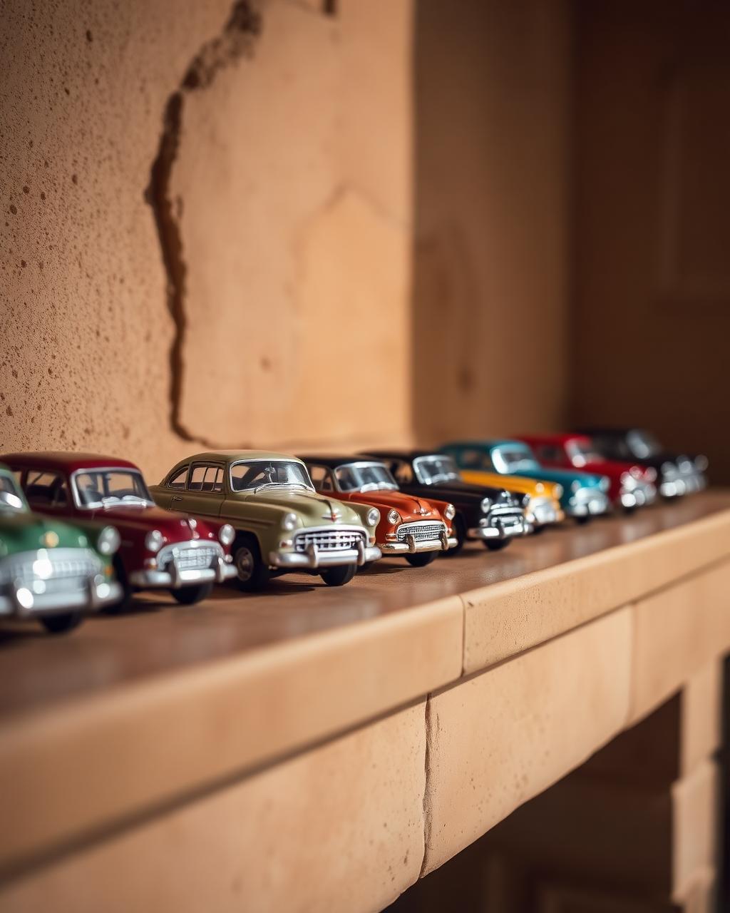 Die-cast model cars on a shelf