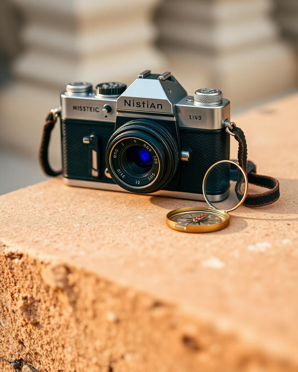 Vintage film camera and pocket compass