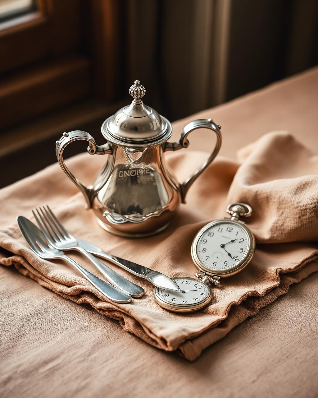Antique silver teapot, cutlery and pocket watch