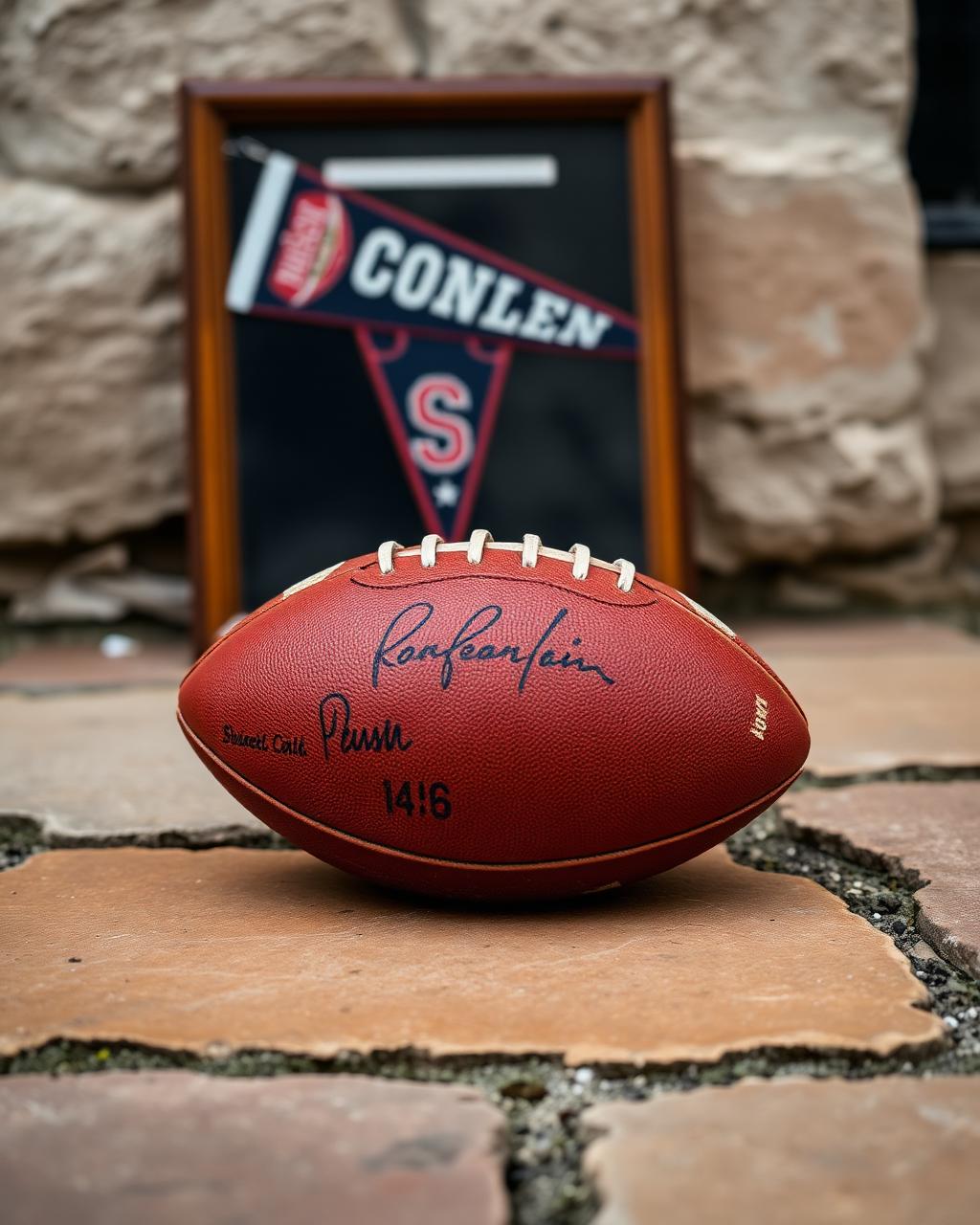 Signed leather ball and framed pennant