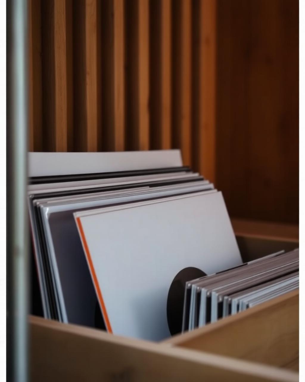 Vinyl records in a wooden crate