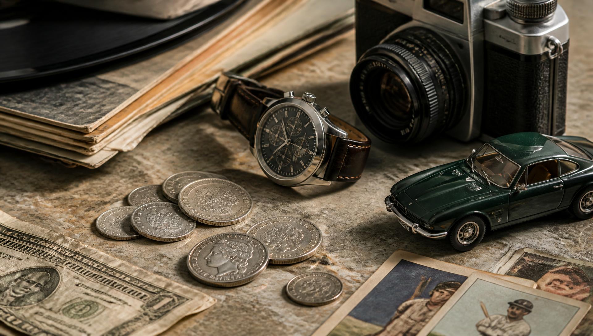 A curated arrangement of vintage coins, a wristwatch, banknotes, trading cards and a model car